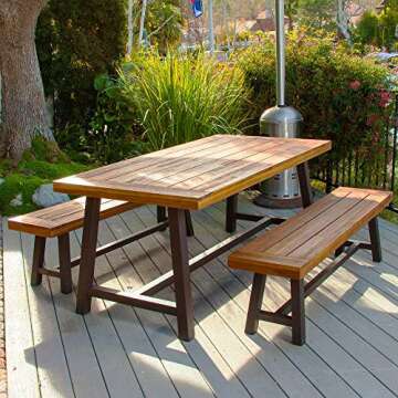 PHI VILLA Outdoor Acacia Wood Bench, 2 Piece 63" Long Patio Dining Picnic Bench for 6 People, Backless Oil Finished Teak Bench Supports 550lbs, Classic Brown and Black