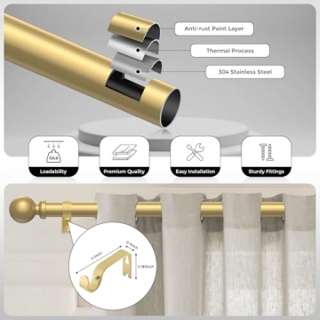 Adjustable Gold Curtain Rods for Windows 48 to 84 Inch