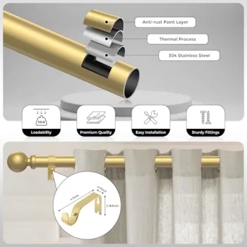 Adjustable Gold Curtain Rods for Windows 48 to 84 Inch
