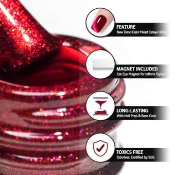 RARJSM Red Cat Eye Gel Nail Polish Diamond Dark Red Velvet Cateye Gel Polish 15ml Single Bottle with Magnet Stick Reflective Shimmer UV LED Curing Requires Soak Off for Home Salon Christmas Manicure