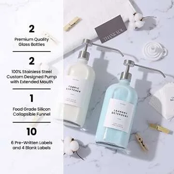 MoliMoli Liquid Laundry Detergent Dispenser for Laundry Room, Fabric Softener Dispenser, Laundry Soap Containers with Pre-Written Labels and Funnel,1000ml/ 33.8 oz Each, Set of 2