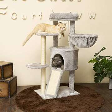 Hey-brother Cat Tree with Scratching Board, Cat Tower with Padded Plush Perch and Cozy Basket, Multi...