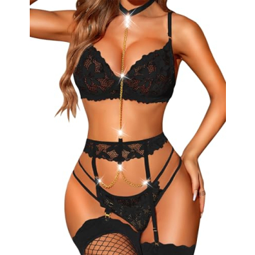 RSLOVE Women's Lingerie Sets with Garter Belt 3 Piece Sexy Lace High Waist Bra and Panty Set Push Up...