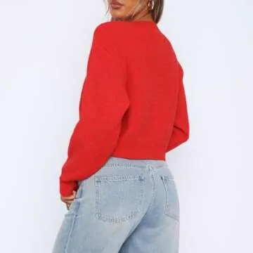 Women Y2K Button Front Crop Sweater Cardigan Solid Color Crew Neck Long Sleeve Knit Fall Tops Streetwear (Red, M)