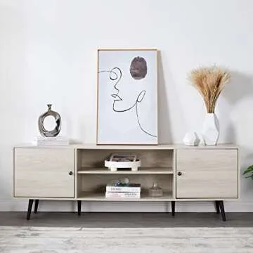 AMERLIFE 70 Inch TV Stand Mid-Century Wood Modern Entertainment Center Adjustable Storage Cabinet TV Console for Living Room Suitable for TV up to 80", Stone White