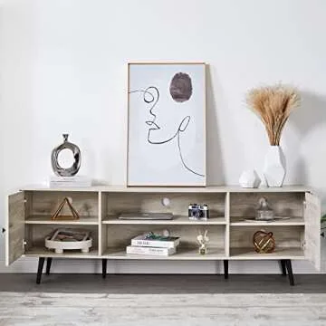 AMERLIFE 70 Inch TV Stand Mid-Century Wood Modern Entertainment Center Adjustable Storage Cabinet TV Console for Living Room Suitable for TV up to 80", Stone White