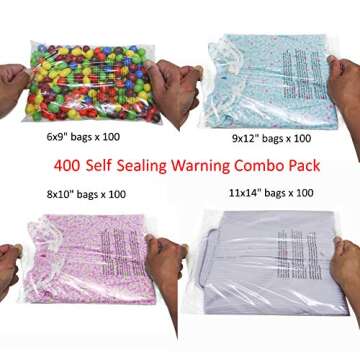 Wowfit 400 CT Combo Pack- 6x9,8x10,9x12,11x14 inches Self Sealing Clear Poly Bags with Suffocation W...