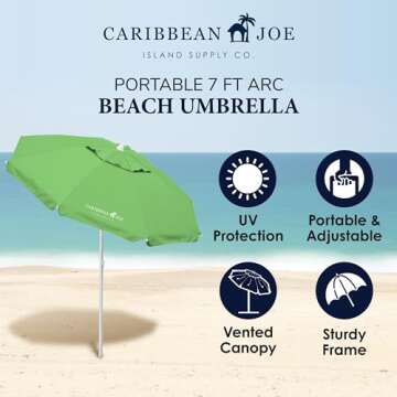 CARIBBEAN JOE Beach Sun Umbrella, Portable and Adjustable Tilt, UV Protection, Great for Outdoor, Ve...