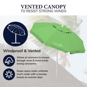 CARIBBEAN JOE Beach Sun Umbrella, Portable and Adjustable Tilt, UV Protection, Great for Outdoor, Vented Canopy, Full 7 ft Arc, Green