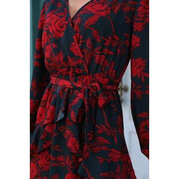 UGUEST Women Long Sleeve V Neck Dress Floral Mini Swing Party Wedding Dress with Belt Charcoal Red M