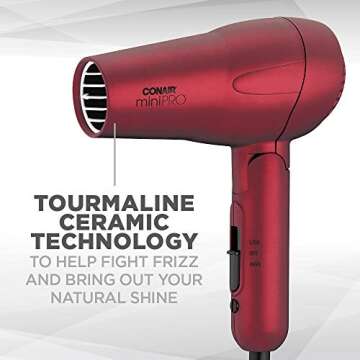 Conair miniPRO Tourmaline Ceramic Travel Hair Dryer with Folding Handle, Red