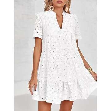 Imily Bela Womens Summer Eyelet Dresses Babydoll Flowy Short Sleeve V Neck Lace Tunic Swing Casual D...