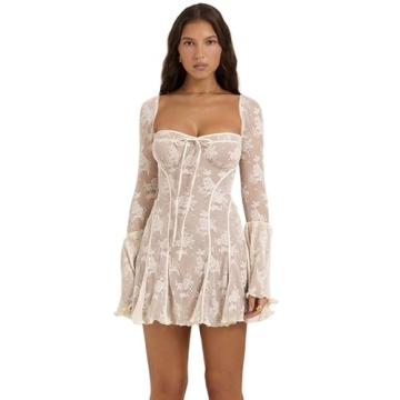 Autumn Women's Fashion and Stylish Slim Fit Lace Horn Long Sleeved Tie up A-line Dress for Women(Siz...