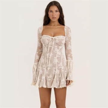 Stylish Autumn Women's Lace Horn Long Sleeved Dress