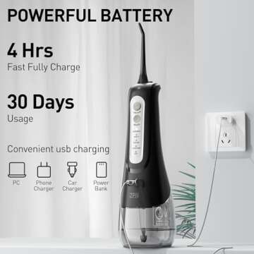 ZPN Water Dental Flosser Cordless for Teeth Cleaning，with 4 Modes Oral Irrigator, 5 Replaceable Jet Tips, Portable and Rechargeable IPX7 Waterproof Teeth Cleaner for Home and Travel (Black)