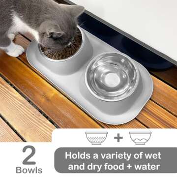 Ptlom Dog Cat Basic Food and Water Bowl Set, 2 Removable Stainless Steel Feeding Bowls with Non-Slip Leak-Proof Plastic Stand Suitable for Small and Medium Pet Puppy Feeder Tableware Supplies, Grey