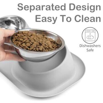Ptlom Dog Cat Basic Food and Water Bowl Set, 2 Removable Stainless Steel Feeding Bowls with Non-Slip Leak-Proof Plastic Stand Suitable for Small and Medium Pet Puppy Feeder Tableware Supplies, Grey