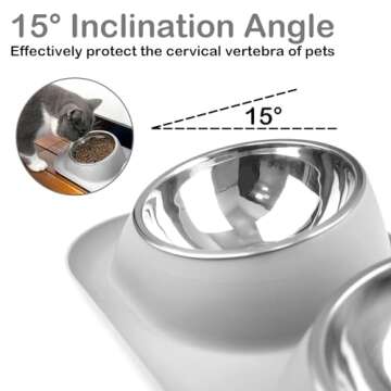 Ptlom Dog Cat Basic Food and Water Bowl Set, 2 Removable Stainless Steel Feeding Bowls with Non-Slip Leak-Proof Plastic Stand Suitable for Small and Medium Pet Puppy Feeder Tableware Supplies, Grey