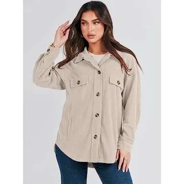 ANRABESS Womens Corduroy Shacket Button Down Shirts Oversized Long Sleeve Casual Cardigan Jacket 2025 Fall Fashion Clothes Beige Small