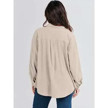 ANRABESS Womens Corduroy Shacket Button Down Shirts Oversized Long Sleeve Casual Cardigan Jacket 2025 Fall Fashion Clothes Beige Small