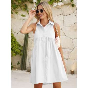 DEEP SELF Women Summer Collared Shirt Dress Casual Loose Button Down Short Dress V Neck Tunic Mini Dress with Pockets White