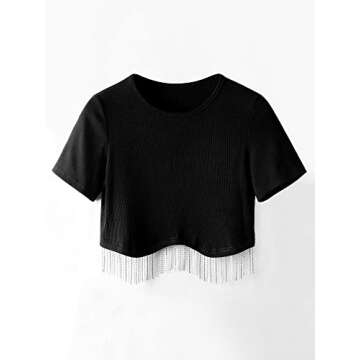 Womens Nashville Sparkly Glitter Fringe Short Sleeve Cropped Top Raceback Ribbed Crop Tank Tops with Rhinestone Tassel