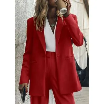 KIRUNDO Womens Blazer 2 Piece Set Long Sleeve Red Blazer and Wide Leg Pants with Pockets Business Casual Matching Set Travel Outfits Fall Clothes(Red, Small)