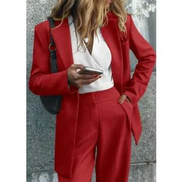KIRUNDO Womens Blazer 2 Piece Set Long Sleeve Red Blazer and Wide Leg Pants with Pockets Business Casual Matching Set Travel Outfits Fall Clothes(Red, Small)