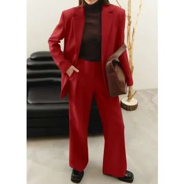 KIRUNDO Womens Blazer 2 Piece Set Long Sleeve Red Blazer and Wide Leg Pants with Pockets Business Casual Matching Set Travel Outfits Fall Clothes(Red, Small)