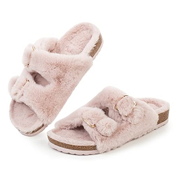 FITORY Women's Open Toe Slipper with Cozy Lining and Faux Rabbit Fur Cork Slide Sandals - Pink Size ...