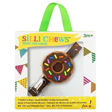 Silli Chews Teething Ring Baby Teething Toys Little Donut Silicone Teether and Clip for Babies - Best Natural Chocolate Donut Infant Teether for Boys or Girls Chew Toys