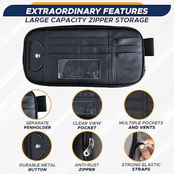 EcoNour Car Sun Visor Organizer (Black) | Storage Pouch Holder with Multi-Pocket Net Zipper | Sun Visor Organizer for Sunglass, Coin, Cash, Pen | Auto Interior Accessories for Car, Truck & SUV