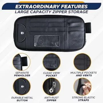 EcoNour Car Sun Visor Organizer (Black) | Storage Pouch Holder with Multi-Pocket Net Zipper | Sun Visor Organizer for Sunglass, Coin, Cash, Pen | Auto Interior Accessories for Car, Truck & SUV