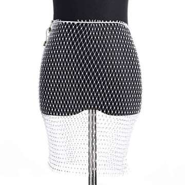 Victray Women Sparkle Fishnet Skirt Rhinestone Mesh Skirts Mini Crystal Cover Up Skirt Black Wrap Skirts (White)