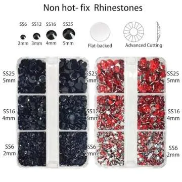 8000 Pieces Red & Black Non Hotfix Flat Back Gems Round Resin Rhinestones Kit (2-5mm) with Picking P...