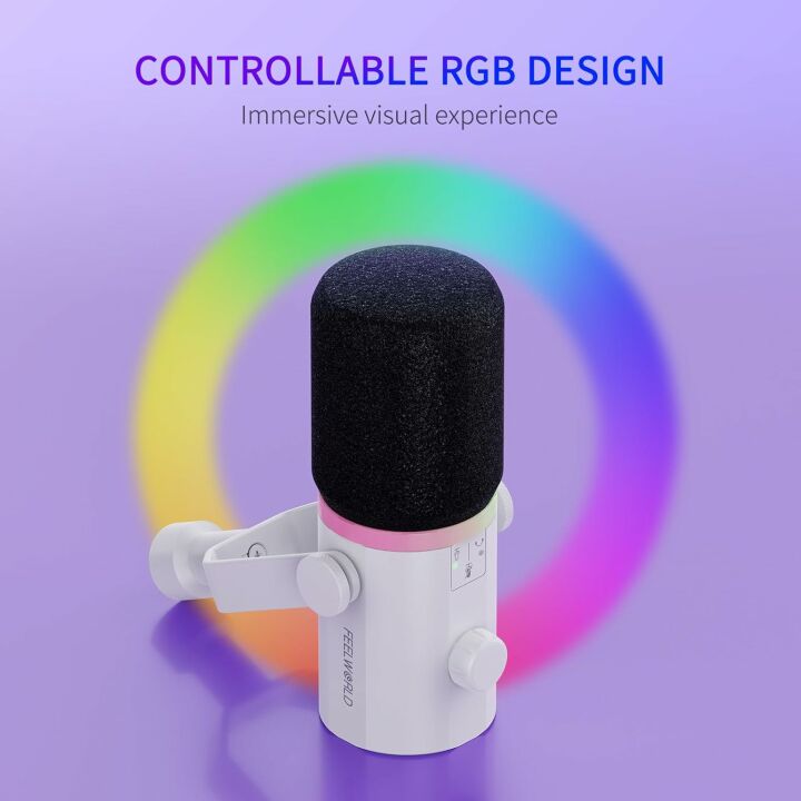 FEELWORLD PM1 XLR USB Dynamic Microphone with Boom Arm Stand for Podcast Recording PC Computer Gaming Live Streaming Vocal Voice-Over, Studio Metal Mic, RGB Light, Mute Button, Headphones Jack (White)