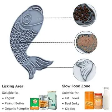 Licking Mat for Dogs and Cats,Fish-Shaped Cat Slow Feeders Lick Mat, Non-Slip Slow Feeders Licking Mat with Suction Cups for Reducing Boredom, Great for Bathin、Grooming（Grey