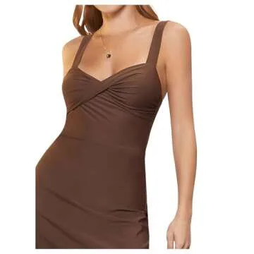 SweatyRocks Women's Sleeveless Twist Front Cami Dress Bodycon Ruched Mini Dresses Coffee Brown XS