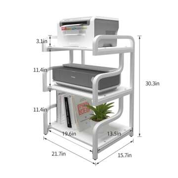 Natwind 3-Tier Printer Stand with Wheels Movable Storage Cart Floor-Standing Multi-Purpose Shelf Rack for Media Player Scanner Files Books Microwave Oven in Kitchen Living Room Home Office (White)