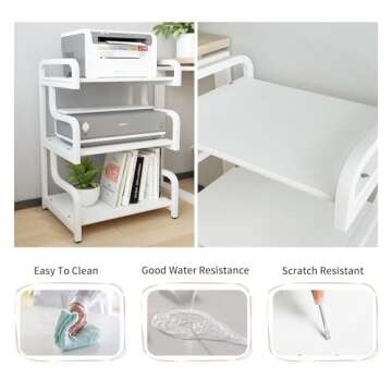 Natwind 3-Tier Printer Stand with Wheels Movable Storage Cart Floor-Standing Multi-Purpose Shelf Rack for Media Player Scanner Files Books Microwave Oven in Kitchen Living Room Home Office (White)