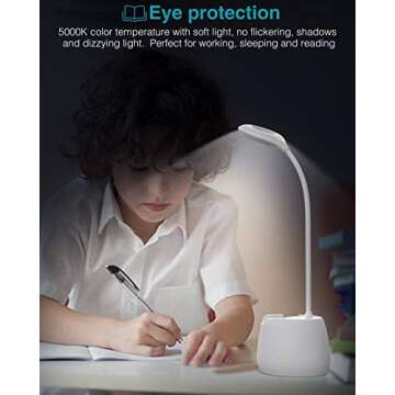 kolpop Desk Lamps for Home Office, Rechargeable Led Desk Lamp with USB Charging Port & Pen Phone Holder 3 Dimming Levels & Night Light Mode 360° Flexible Goose Neck LED Desk Light Desk Lamps for Kids