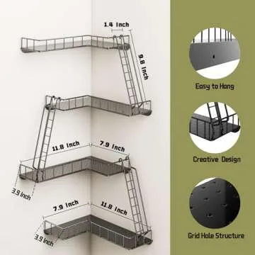 WOPITMER Fire Escape Wall Shelf - Modern City Style 4-Tier Corner Wall Shelves, Easy to Install Metal Ladder Shelf for Figures, New York Decorative Shelves for Bathroom, Living Room & Home Decor,Black