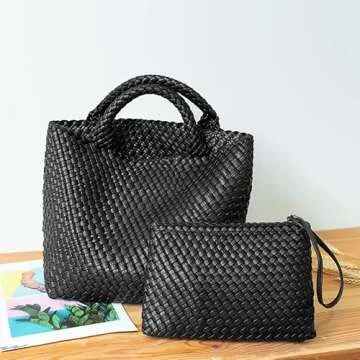 JINMANXUE Fashion Woven Bag Shopper Bag Travel Handbags and Purses Women Tote Bag Large Capacity Shoulder Bags(Black)