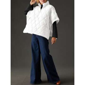 Fazortev Women's Puffer Poncho Pullover Quilted Jacket Short Sleeve Half Zipper Coat Cape Outerwear