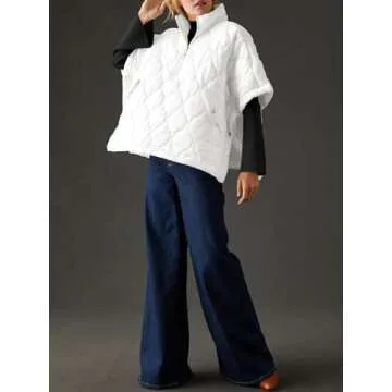 Fazortev Women's Puffer Poncho Pullover Quilted Jacket Short Sleeve Half Zipper Coat Cape Outerwear