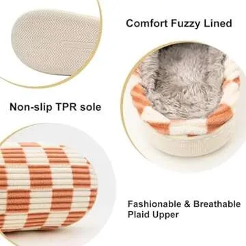 kissxiaoya Unisex House Slippers, Plaid Scuff Slides, Womens Cozy Memory Foam Slipper, Slip on Warm Checkered Shoes Indoor Outdoor with Anti-slip sole (Orange, 6.5-7)