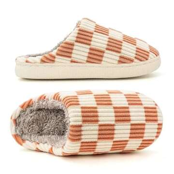kissxiaoya Unisex House Slippers, Plaid Scuff Slides, Womens Cozy Memory Foam Slipper, Slip on Warm Checkered Shoes Indoor Outdoor with Anti-slip sole (Orange, 6.5-7)