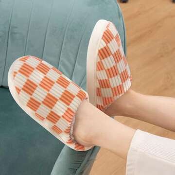 kissxiaoya Unisex House Slippers, Plaid Scuff Slides, Womens Cozy Memory Foam Slipper, Slip on Warm Checkered Shoes Indoor Outdoor with Anti-slip sole (Orange, 6.5-7)