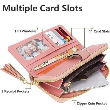 RFID Wallets for Women with Multiple Card Slots and Cellphone Compartment, Womens Wallet (pink/white...
