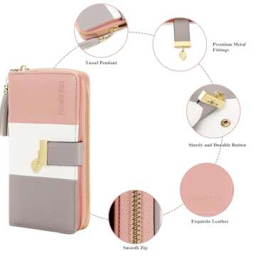 RFID Wallets for Women with Multiple Card Slots and Cellphone Compartment, Womens Wallet (pink/white/grey)